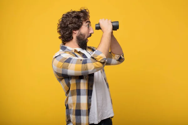 Young Crazy Mad Man Fool Pose Binoculars — Stock Photo, Image