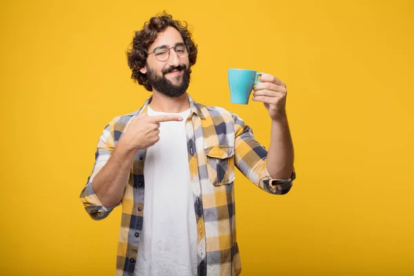 Jovem Louco Louco Homem Tolo Posar Com Café — Fotografia de Stock