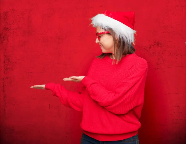 Conceito Natal Mulher Bonita Jovem Contexto Editável — Fotografia de Stock