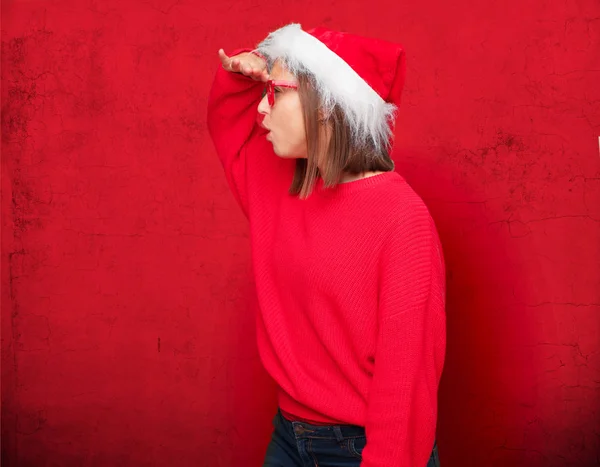 Conceito Natal Mulher Bonita Jovem Contexto Editável — Fotografia de Stock