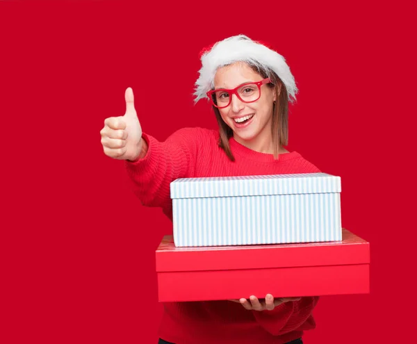 Junge Hübsche Frau Weihnachtskonzept Editierbarer Hintergrund — Stockfoto