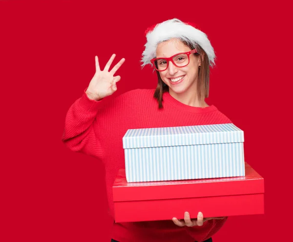 Junge Hübsche Frau Weihnachtskonzept Editierbarer Hintergrund — Stockfoto