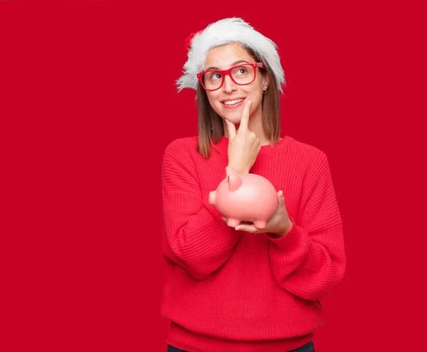 Conceito Natal Mulher Bonita Jovem Contexto Editável — Fotografia de Stock