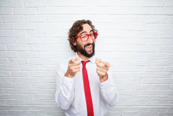 Hombre Negocios Loco Expresando Concepto Fondo Pared Ladrillo — Foto de Stock