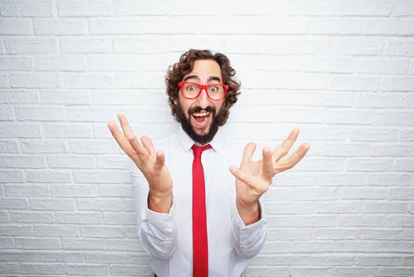 Gek Zakenman Uiting Geven Aan Een Concept Baksteen Muur Achtergrond — Stockfoto