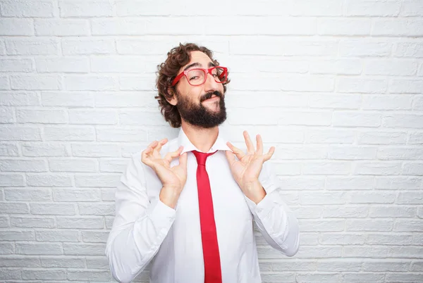 Hombre Negocios Loco Expresando Concepto Fondo Pared Ladrillo —  Fotos de Stock