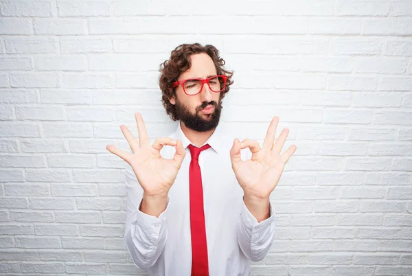 Gek Zakenman Uiting Geven Aan Een Concept Baksteen Muur Achtergrond — Stockfoto