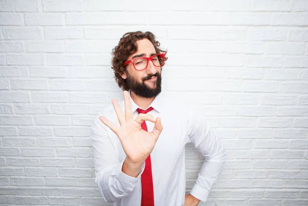 Crazy Businessman Expressing Concept Brick Wall Background — Stock Photo, Image