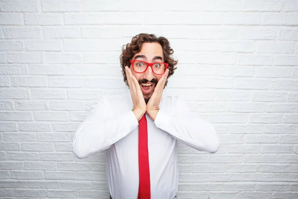 Crazy Businessman Expressing Concept Brick Wall Background — Stock Photo, Image