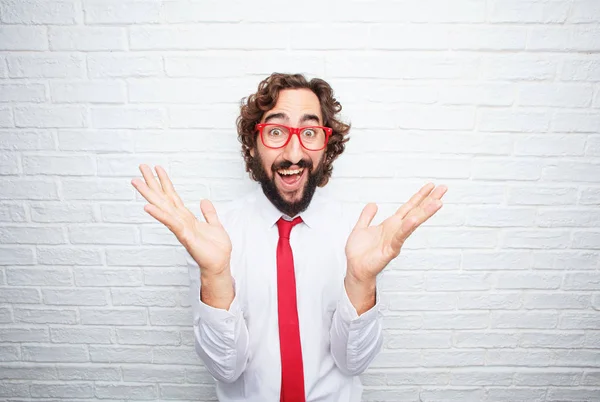 Hombre Negocios Loco Expresando Concepto Fondo Pared Ladrillo — Foto de Stock