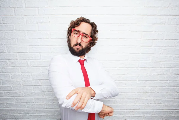 Crazy Businessman Expressing Concept Brick Wall Background — Stock Photo, Image