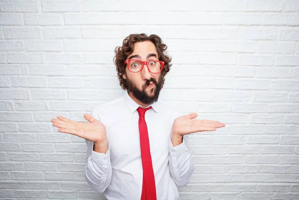 Hombre Negocios Loco Expresando Concepto Fondo Pared Ladrillo — Foto de Stock