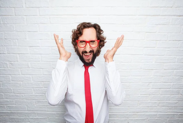 Crazy Businessman Expressing Concept Brick Wall Background — Stock Photo, Image