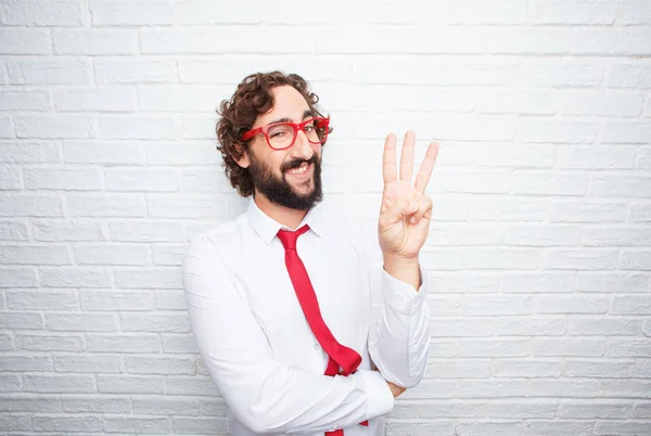 Hombre Negocios Loco Expresando Concepto Fondo Pared Ladrillo —  Fotos de Stock