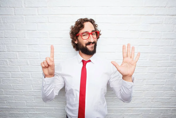 Hombre Negocios Loco Expresando Concepto Fondo Pared Ladrillo — Foto de Stock