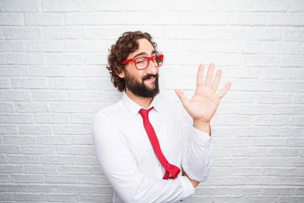 Crazy Businessman Expressing Concept Brick Wall Background — Stock Photo, Image