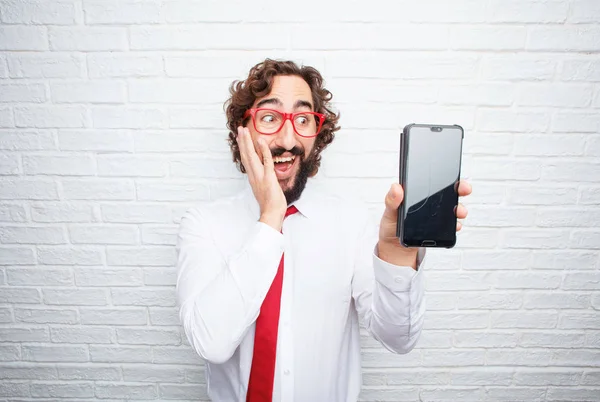 Crazy Businessman Expressing Concept Brick Wall Background — Stock Photo, Image