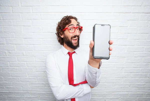 Hombre Negocios Loco Expresando Concepto Fondo Pared Ladrillo —  Fotos de Stock