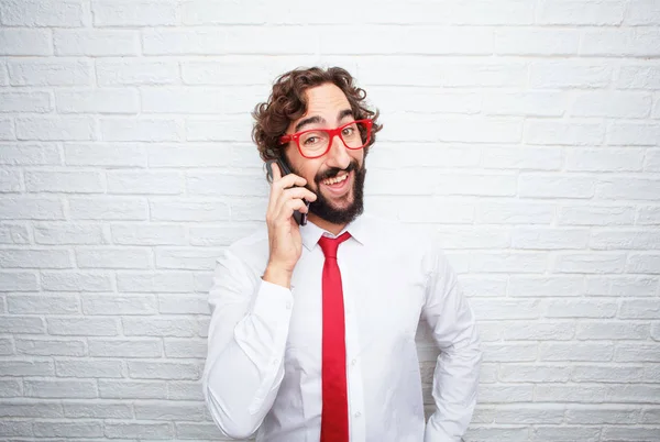 Gek Zakenman Uiting Geven Aan Een Concept Baksteen Muur Achtergrond — Stockfoto