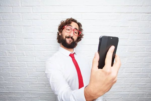 Hombre Negocios Loco Expresando Concepto Fondo Pared Ladrillo —  Fotos de Stock