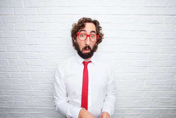 Hombre Negocios Loco Expresando Concepto Fondo Pared Ladrillo —  Fotos de Stock