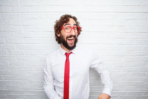 Homem Negócios Louco Expressar Conceito Parede Tijolo Fundo — Fotografia de Stock