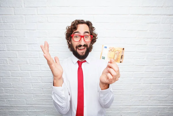 Hombre Negocios Loco Expresando Concepto Fondo Pared Ladrillo — Foto de Stock