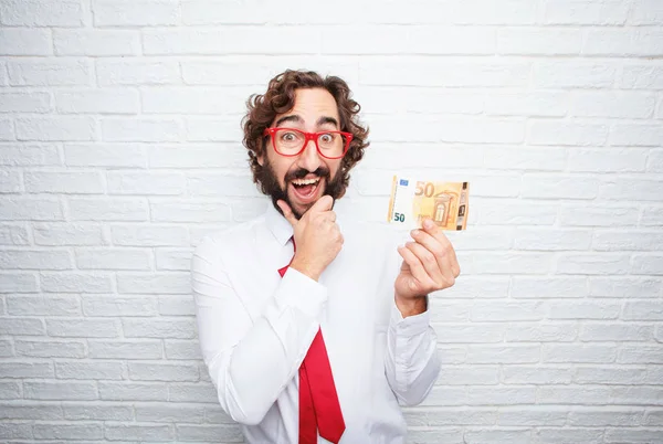 Hombre Negocios Loco Expresando Concepto Fondo Pared Ladrillo —  Fotos de Stock