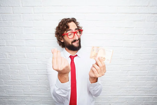 Hombre Negocios Loco Expresando Concepto Fondo Pared Ladrillo —  Fotos de Stock