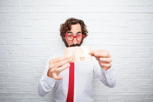 Hombre Negocios Loco Expresando Concepto Fondo Pared Ladrillo —  Fotos de Stock