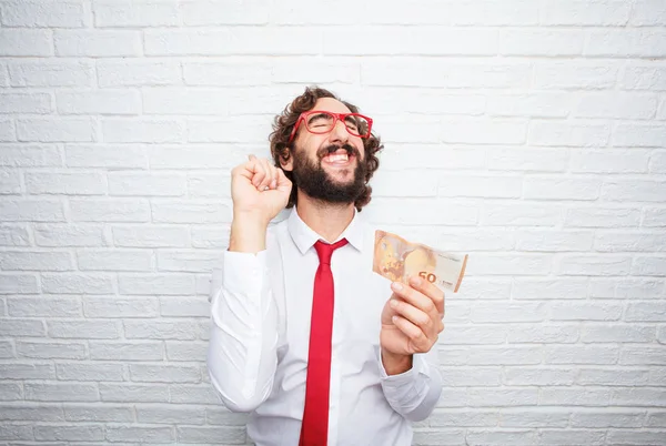 Hombre Negocios Loco Expresando Concepto Fondo Pared Ladrillo — Foto de Stock