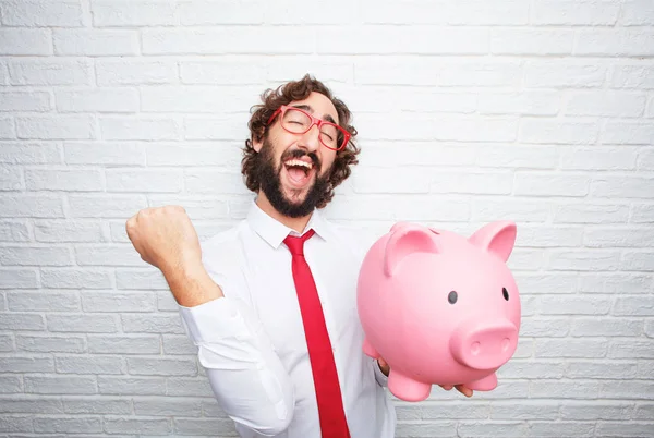 Hombre Negocios Loco Expresando Concepto Fondo Pared Ladrillo —  Fotos de Stock