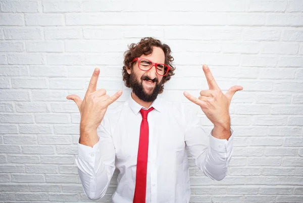 Crazy Businessman Expressing Concept Brick Wall Background — Stock Photo, Image