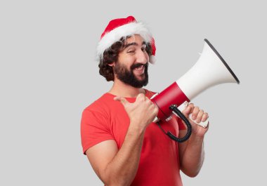 Megafon ile genç deli adam. Noel kavramı.