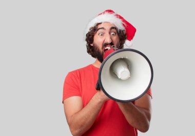 Megafon ile genç deli adam. Noel kavramı.