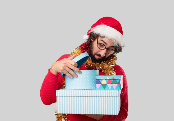 Young Crazy Man Christmas Gifts — Stock Photo, Image