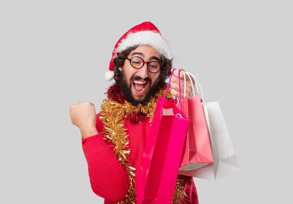 Jovem Louco Com Sacos Compras Conceito Natal — Fotografia de Stock