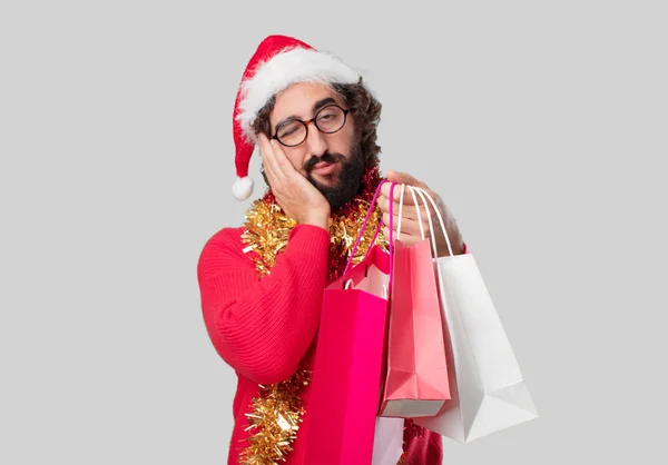 Young Crazy Man Shopping Bags Christmas Concept — Stock Photo, Image