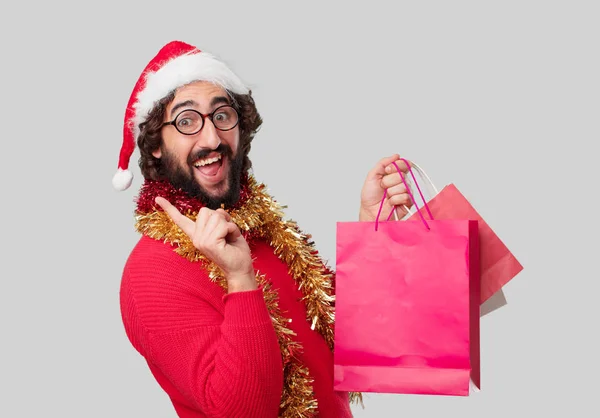 Joven Loco Con Bolsas Compras Concepto Navidad — Foto de Stock