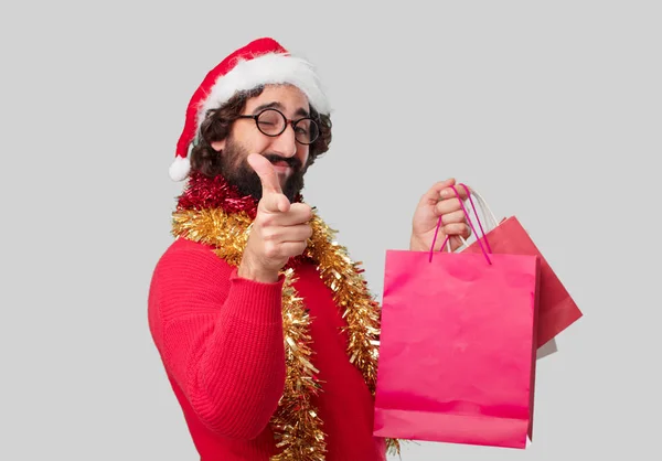 Joven Loco Con Bolsas Compras Concepto Navidad — Foto de Stock