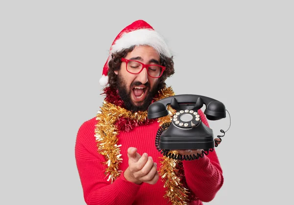 Young Crazy Man Retro Telephone Christmas Concept — Stock Photo, Image
