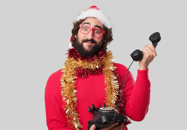 Šílený Mladík Retro Telefon Vánoční Koncept — Stock fotografie