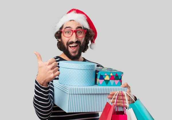 Junger Verrückter Mit Weihnachtsgeschenken Und Einkaufstaschen — Stockfoto