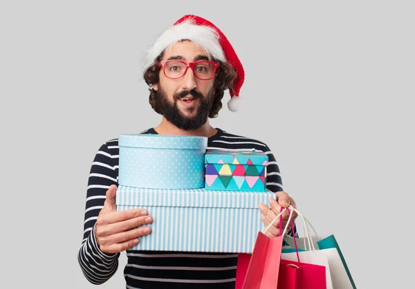 Young Crazy Man Christmas Gifts Shopping Bags — Stock Photo, Image