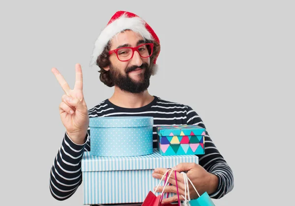 Joven Loco Con Regalos Navidad Bolsas Compras — Foto de Stock