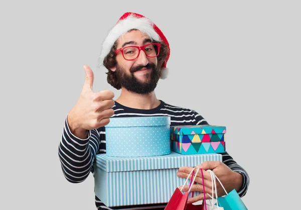 Young Crazy Man Christmas Gifts Shopping Bags — Stock Photo, Image