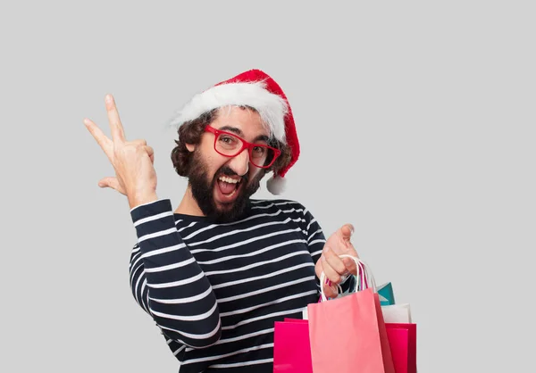 Młody Człowiek Szalony Torby Zakupy Boże Narodzenie Koncepcja — Zdjęcie stockowe