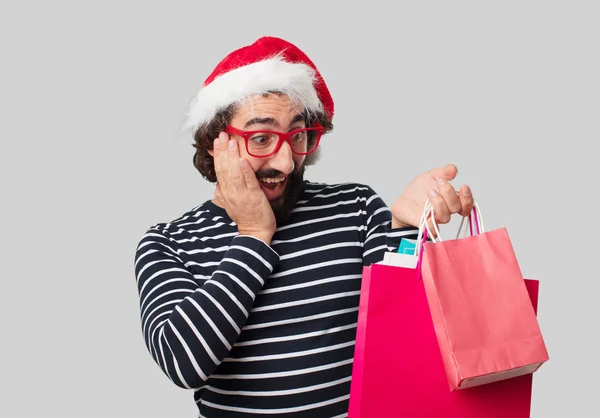 Young Crazy Man Shopping Bags Christmas Concept — Stock Photo, Image