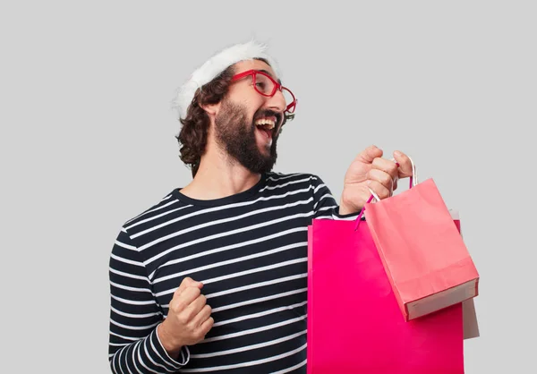 Jovem Louco Com Sacos Compras Conceito Natal — Fotografia de Stock