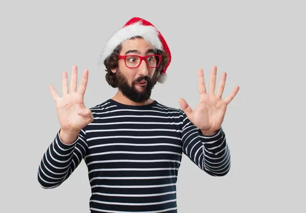 Junger Verrückter Gestikuliert Weihnachtskonzept — Stockfoto